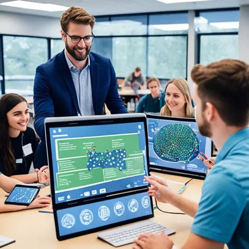 Students collaborating in modern classroom